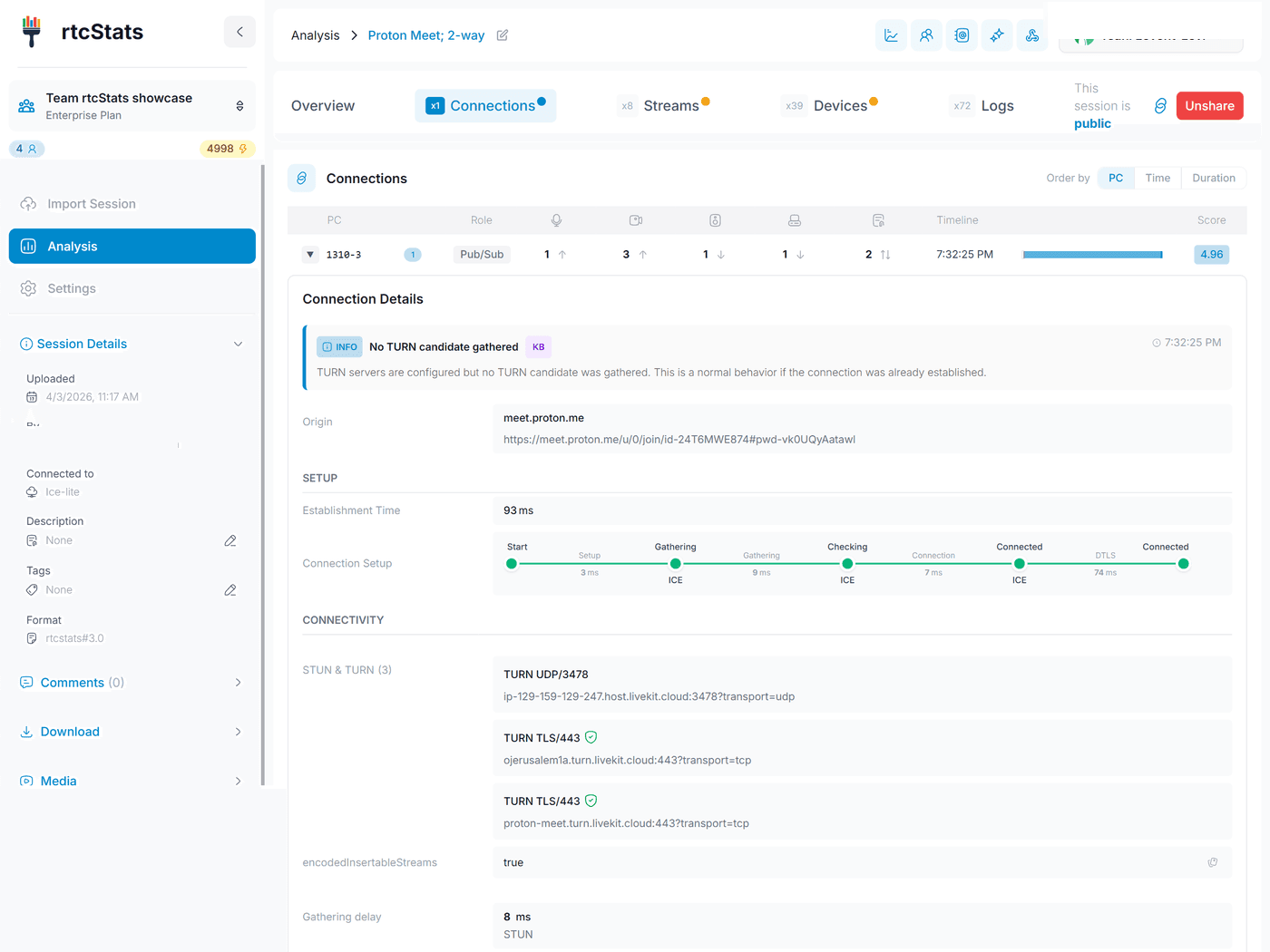 Connection analysis with ICE candidates and network path