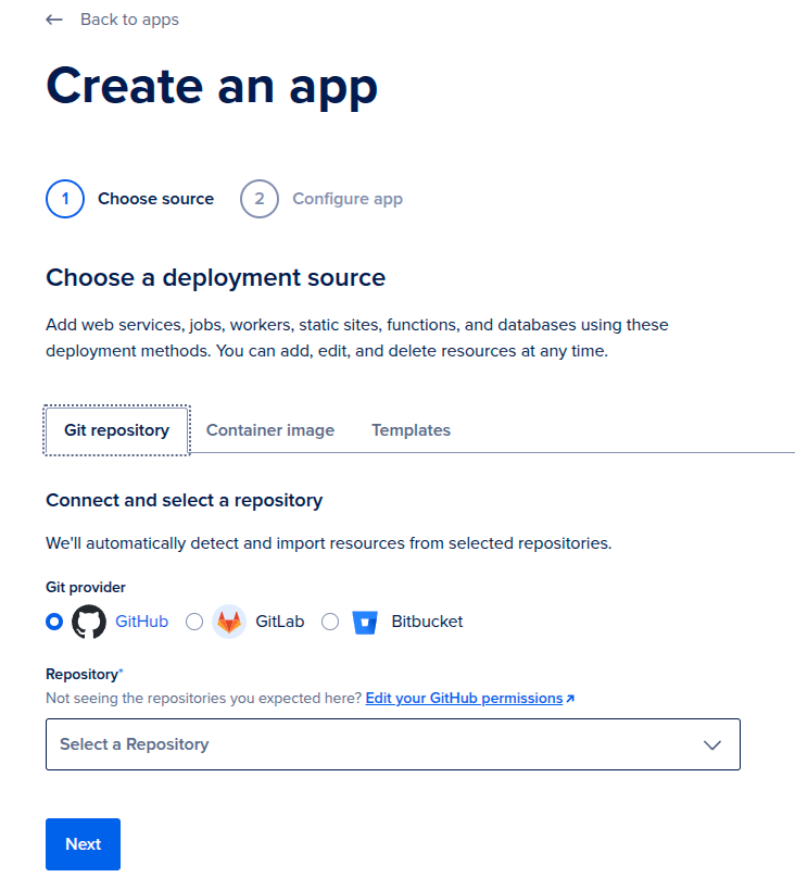 DigitalOcean Apps Platform: choose source step with rtcstats/rtcstats repo and main branch selected